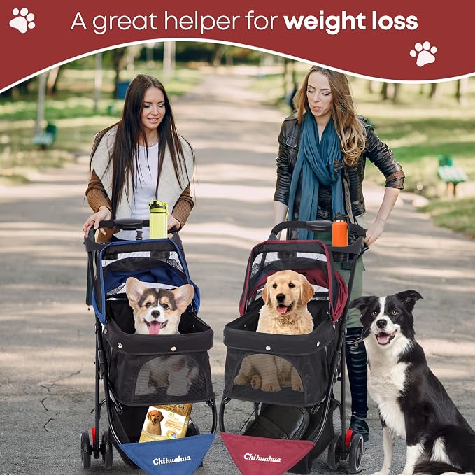 Pet Stroller,Dog Stroller for Small Medium Dogs Cats,3 Wheels,Red+Black | Foldable,with Breathable Mesh Canopy,Cup Holders,Easy Assembly