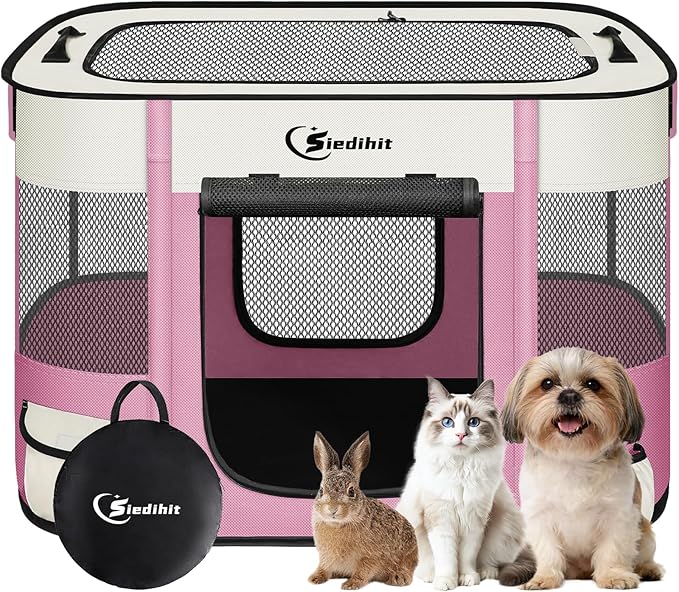 Siedihit Dog Playpen, Cat Pet Puppy Crate, Portable Playpens Indoor Outdoor (Pink, Small)
