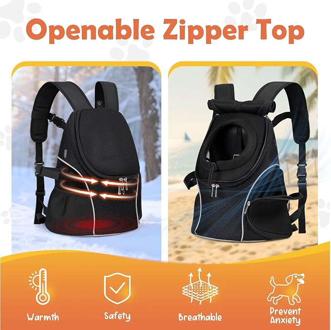 WOYYHO Pet Dog Carrier Backpack with Windows, Ventilated Small Dog Backpack | Breathable Top & Side Windows, Safety Belt, Storage Pockets, Small Dog Front Backpack, for Travel Hiking Outdoor, Black2.0, S
