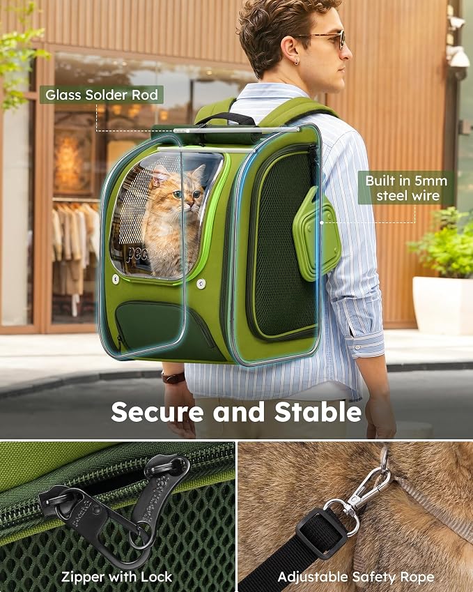 Pecute Cat Backpack Carrier,Large Space Cat Bubble Backpack,Ergonomic,Green | Upgraded Transparent Window Offers Greater Transparency,More Wear-Resistant,Sunshade curtain,Folding bowl,Ventilated