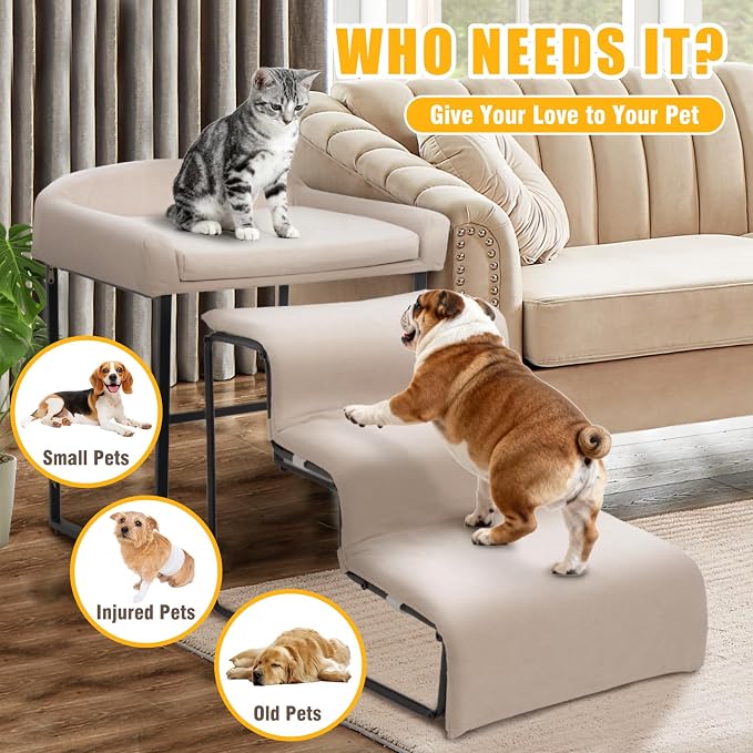 Dog Steps with Beside Pet Bed Set for Bed Window Sofa Dog Window Perch with Stairs for Small Pets Pet Steps and Window Perch with Sturdy Metal Frame and Soft Cushion for Small Dogs (with Pet Bed)
