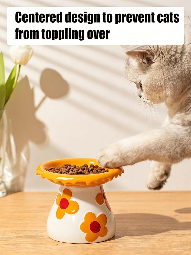 Mushroom Elevated Cat Bowls Ceramic, Cute Cat Bowls Whisker Fatigue | Raised Cat Bowl for Indoor Cats, Raised Dog Bowls Stand for Food and Water, Orange 5.8" Wide for Adult Cats