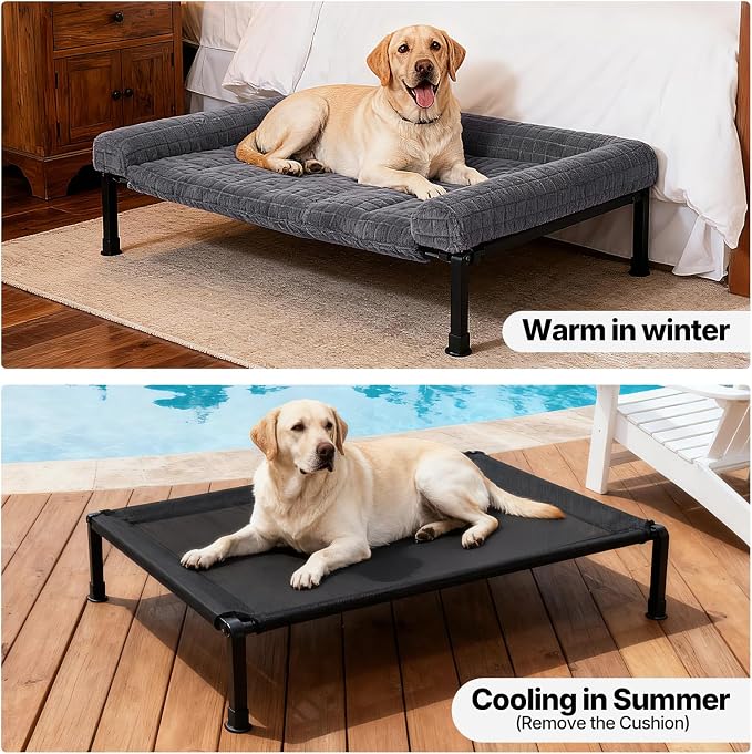 Veehoo Elevated Dog Bed with Fluffy Plush Bolster Cushion, Dog Couch Bed | Cooling Raised Dog Bed for Large Dogs, Washable Orthopedic Pet Cot with Removable Mat, Breathable Mesh, Non-Slip, 45", Grey