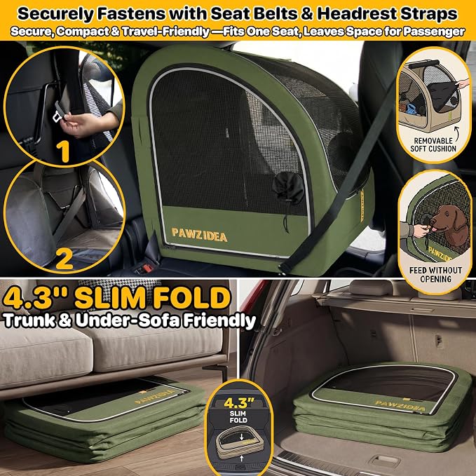 PAWZIDEA Portable Dog Crate for Car Travel, Medium & Large Dogs Up to 80lbs | Soft-Sided Dog Car Kennel for Backseat, Secures Seatbelt & Headrest Strap, Collapsible Enclosed Car Seat Carrier, Chew-Proof