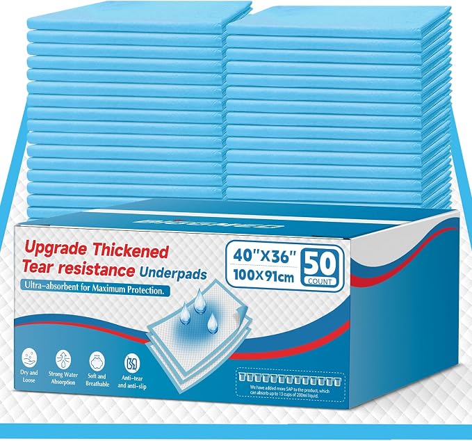 BIGGMED Tear-Resistant Incontinence Bed Pads 40'' x 36'' (50 Count ) with 130 Gram Heavy Duty Disposable Underpads Chucks Pads for Adults, Kids & Elderly | Protection Pads for Bed, Sofa, and Chair