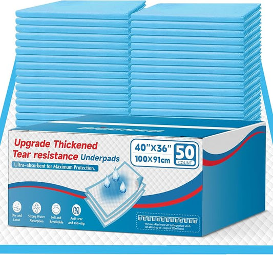 BIGGMED Tear-Resistant Incontinence Bed Pads 40'' x 36'' (50 Count ) with 130 Gram Heavy Duty Disposable Underpads Chucks Pads for Adults, Kids & Elderly | Protection Pads for Bed, Sofa, and Chair