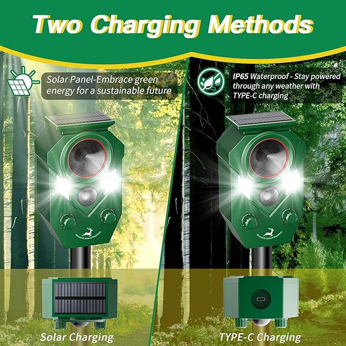 Solar-Powered Ultrasonic Animal Repellent with Motion Sensor, Perfect for Outdoor Yards, Deer Repellent Device with LED Flashing Lights, Effective to Repel Deer, Coyotes, Raccoons, and Cats
