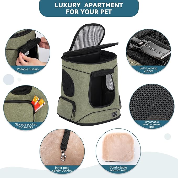 Petsfit Dog and Cat Backpack Carrier, Padded Waist Support, Up to 18 lb | 13.5 x 12.5 x 17.5 in; reinforced frame, 600D Oxford, 4 mesh panels, lockable zippers, safety tether and washable mat.