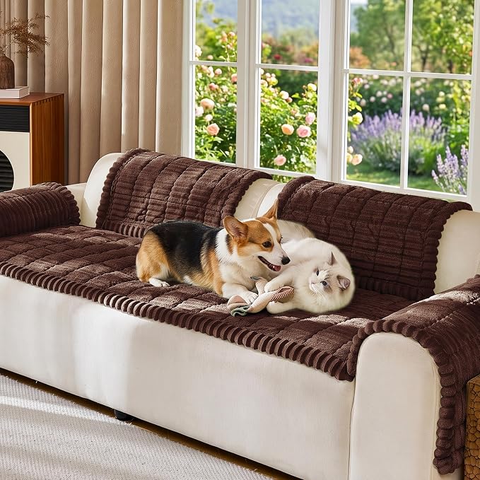 FUANGUI Waterproof Couch Cover Sofa Cover for Dogs and Pets Sofa Protector | Non-Slip Washable Fuzzy Soft Cat Bed Sofa Slipcover for 2-3 Cushion Couch Sofa Pet Friendly, Camel, 27.6" x 94.5", 1 pcs