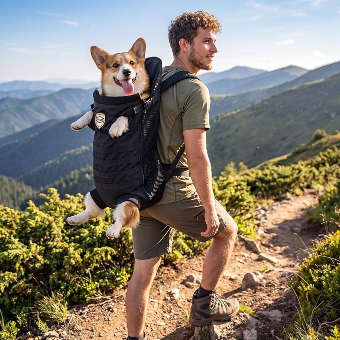 Dog Carrier Tactical Backpack for Medium Large 26-40lbs, Dog Soft Hands-Free Legs Out Pet Cat Front Carrier Backpack Facing Travel Bag for Outdoor Traveling Hiking Camping Bike(Black)