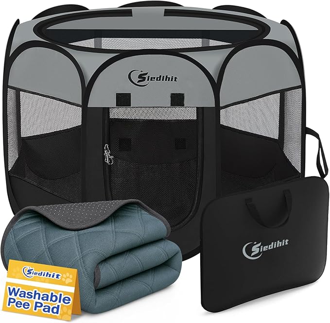 Siedihit Dog Cat Playpen with Washable Pee Pad, Puppy Pet Playpen | Indoor for Small Dog Crate Tent Cage Outdoor, Portable Pop Up Dogs Enclosure Kennel with Carrying Case,Dark Grey