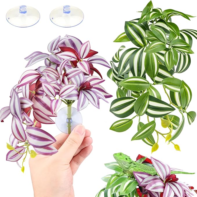 QUOZUO 2 Pack Reptile Plants, Artificial Hanging Plants with Suction Cups, Habitat Decor Plastic Vines Decorations for Bearded Dragons Lizards Snake Geckos Frogs -Purple and Green