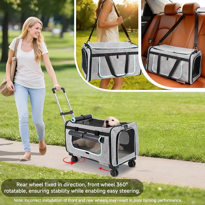 Large Pet Carrier with Detachable Wheels, 2 IN1 Foldable Soft-Sided Carriers- Designed for Dogs & Cats, Telescopic Handle, for Outdoor Car Indoor, Max. 44 LBS(Not for Airline)