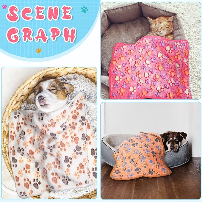 Tatuo 4 Pack Fleece Dog Blankets for Puppy Cats Multi-Size Sleep Mat for Pet Guinea Pig Soft Washable Warm Crate Bed Puppy Teething Toys Print Pattern Blanket Indoor(White,30 x 20.5 Inch,Paw)