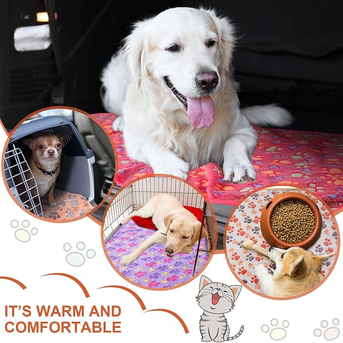 Tatuo 4 Pack Fleece Dog Blankets for Puppy Cats Multi-Size Sleep Mat for Pet Guinea Pig Soft Washable Warm Crate Bed Puppy Teething Toys Print Pattern Blanket Indoor(Mixed Color,24 x 47 Inch,Paw)