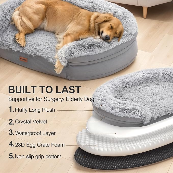 iweepet Fluffy Calming Orthopedic Dog Beds for Large & Extra Large Dogs, Supportive Dog Sofa Bed with 3.7 inch 28D Egg-Crate Foam, Removable Washable Plush Cover, Waterproof Lining,44’’,Grey