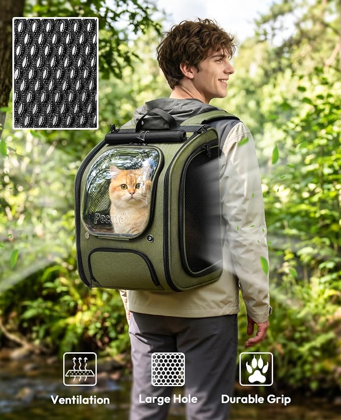 Pecute Cat Backpack Carrier,Large Space Cat Bubble Backpack,Ergonomic,Green | Sunshade Curtain,Transparent Window,Safety Rope,Sturdy,Large Mesh on Both Sides for Breathability,Suitable for Outdoor,Vet