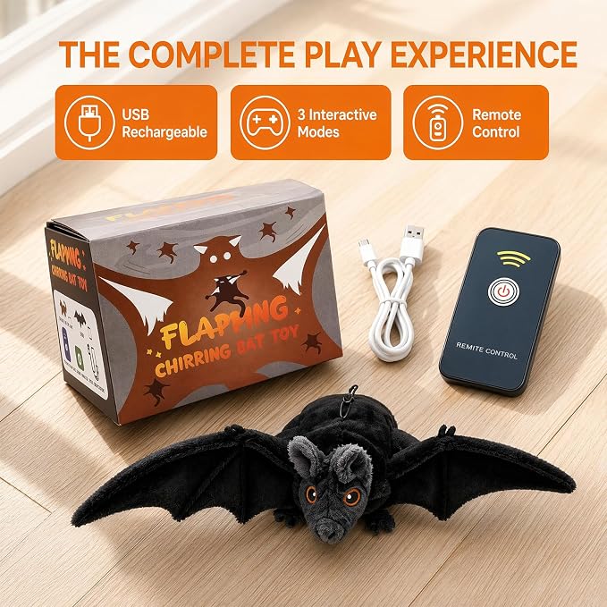 Interactive Flying Bat Dog Toy, Flapping Wings Cute Bat for Indoor Cats & Dogs, Automatic Flapping Wings with Chirping Sounds, Touch Activated, Rechargeable for Solo Play，Manual+Remote