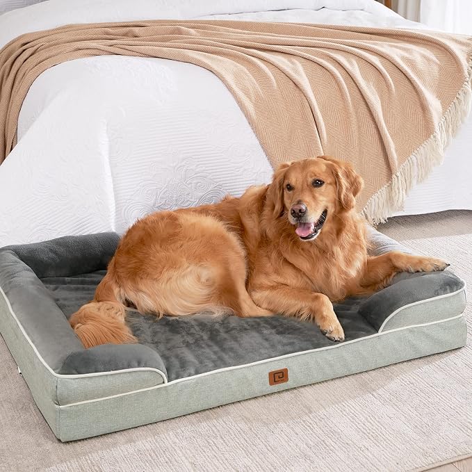EHEYCIGA Orthopedic Dog Beds Large Sized Dog, Waterproof Washable Pet Bed | Non-Slip Bottom and Egg-Crate Memory Foam XL Dog Couch Bed with Washable Removable Cover, Greyish Green