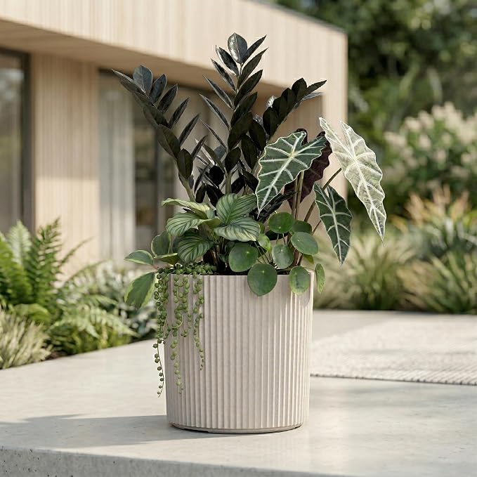 Mayne Haven 12-Inch Fluted Planter, Round Planters for Outdoor Plants, Lightweight Concrete Look Plant Pots for Porch, Patio, Garden and Entryway Décor, Chai