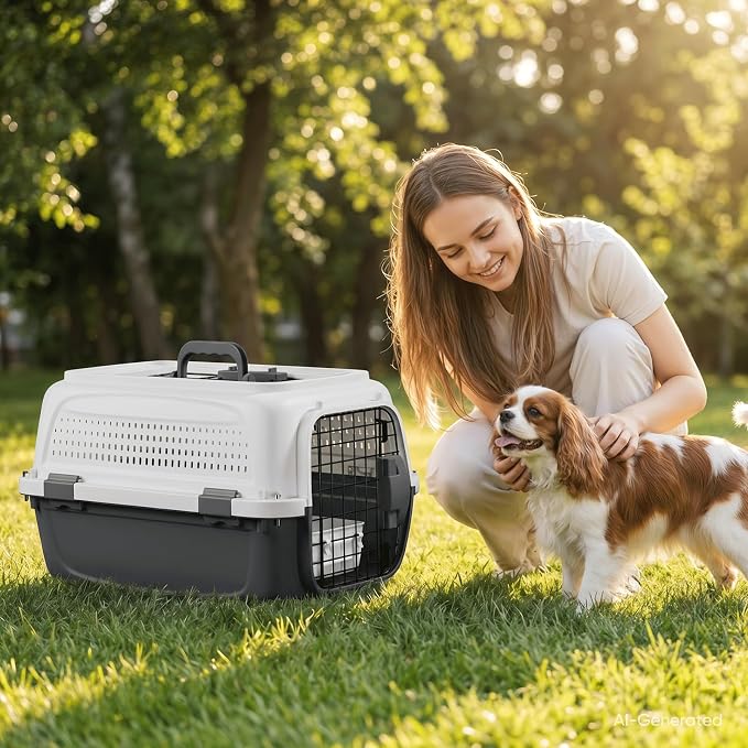 Magshion 22 Inch Hard-Sided Dog Cat Carrier, Grey | Top&Front Door Access, Plastic Dog Kennel for Traveling, Durable Handle, Ventilation, Detachable Pet Bowl, For Pet Up 26 lbs