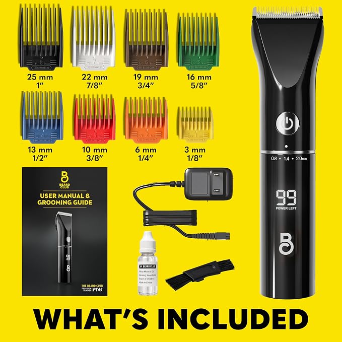 The Beard Club Beard Trimmer for Men - Electric Cordless Rechargeable Beard & Hair Trimmer - High Power 7000 RPM - 8 Color Guides 45 Unique Trim Lengths - Travel Lock