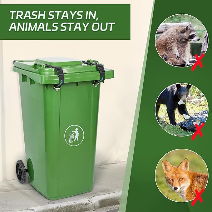 4Pcs Raccoon-Proof Trash Can Lid Locks,Trash Can Locks for Animals, Adjustable Trash Can Lock with Buckles and Straps, Effectively Protects Against Animals and Strong Winds, Durable&Sturdy