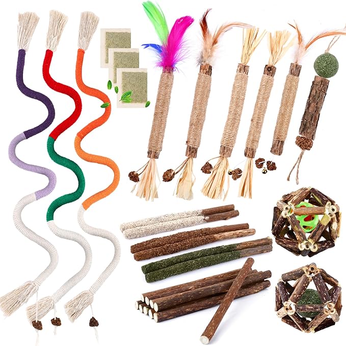WOUSEDO 27 Pack Catnip Chew Toys for Cats,Cotton Sisal Rope Toys,Cat Natural Silvervine Sticks,for Cat Teeth Cleaning and Dental Care,Interactive Toy for Bored Indoor Cats