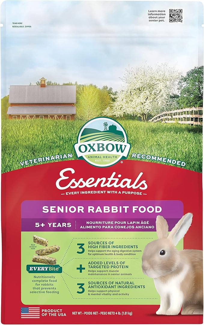Oxbow Essentials Senior Rabbit Food, Alfalfa-Based Rabbit Pellets for Older Bunnies, High Fiber, Vitamin & Mineral Rich, Vet Formulated, Healthy Rabbit Diet for Adult Rabbits, Made in USA, 4 lb Bag
