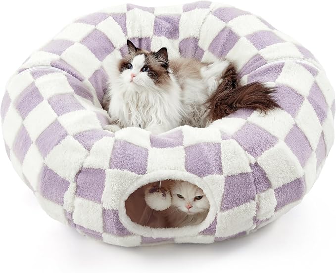 Lesure Donut Cute Jacquard Cat Tunnel Bed Kitten Toys for Puppy Bunny | 33.5x33.5x10in,Round Cat Bed Tube for Indoor Cats Rabbit Dog,Pet Peekaboo Cave Toy,Spiral Hideaway,Washable Cushion,Lavender