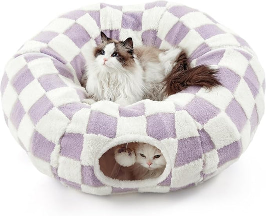 Lesure Donut Cute Jacquard Cat Tunnel Bed Kitten Toys for Puppy Bunny | 33.5x33.5x10in,Round Cat Bed Tube for Indoor Cats Rabbit Dog,Pet Peekaboo Cave Toy,Spiral Hideaway,Washable Cushion,Lavender