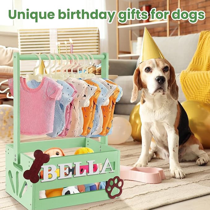 Teenyyou 20" x 13" x 9" Wooden Dog Closet Pet Wardrobe Crate Box with Hanging Rods and Personalized Alphabet Letters Easy Assembly Baskets for Dog Cat Toys Clothes Accessories(Green)