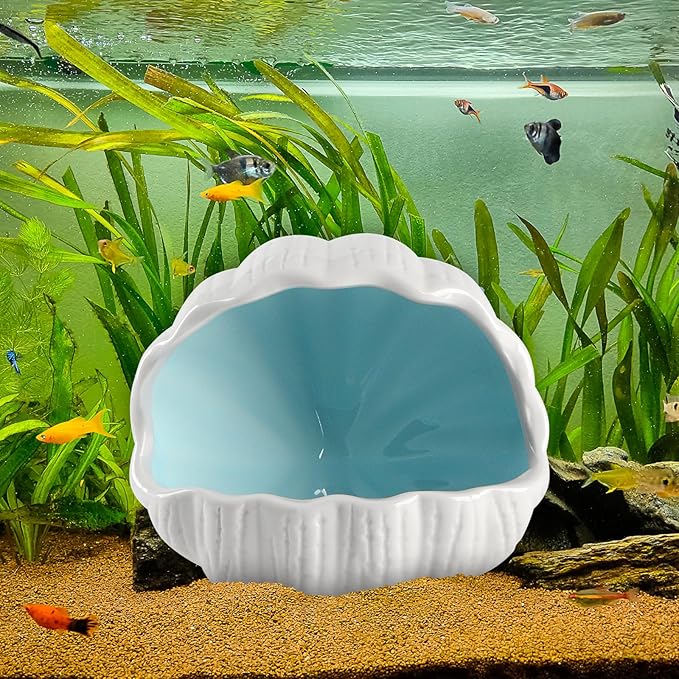 AnRui Cute Betta Fish Tank Decor Ceramic Conch Shell-Shaped House Thematic Hideout Cave for Fish Playing or Hiding Underwater World Aquarium Background Pearl Ornament, Blue
