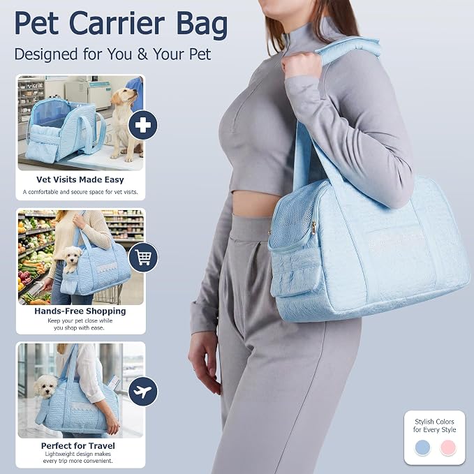 Dog Carrier Tote Bag, Foldable Soft Sided Breathable Mesh Lightweight Travel Handbag with Padded Handles, Lace Decor Portable Pet Purse for Small Puppy Kitten Cat Up to 15 Lbs (Blue)