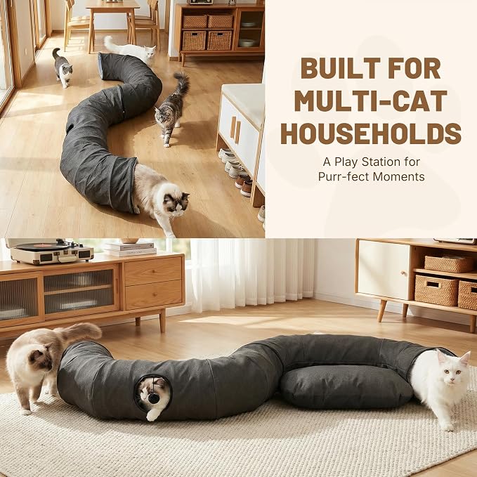 Extra Large Cat Tunnel, Cooling Natural Linen Big Tunnel for Cats 47.2in | Multi-Cat Family Long Cat Tunnel Bed with Washable Mat, Breathable & Durable Big Cat Tunnel for Cats, Dark Grey