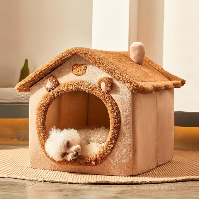 Dog House Dog Bed with Cover Cave with Non-Slip Bottom,Brown | M Size Tent Bed for 6-11 Lb Dogs and 9-17 Lb Cats,Cat Nest Puppy Cave,Dog Cave with Foldable