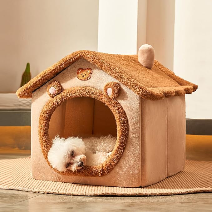 Cute Small Dog House Indoor,Foldable House Kennel Bed with Cushion,Brown | L Size Tent for 11-16 lb Dogs and 18-22 lb Cats, Dog Cave Bed with Non-Slip Bottom, Soft Cozy Dog Cave Bed