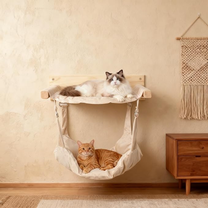 JSPYFITS Wooden Cat Furniture Wall Mounted, Double Layer Hammock, Large Size 18.9″ Removable Multi-Function Cat Bed for Sleep/Play/Climb, Kitten Window Perch, Easy DIY Installation(Beige)