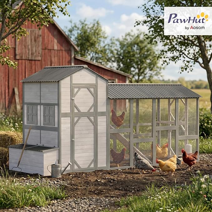 PawHut 147" Extra Large Chicken Coop, Wooden Hen House for 8-10 Hens, Outdoor Chicken House Poultry Hutch with Run, Pull-Out Tray, Nesting Box, Ventilated Windows, Ramp for Rabbit Duck, Gray