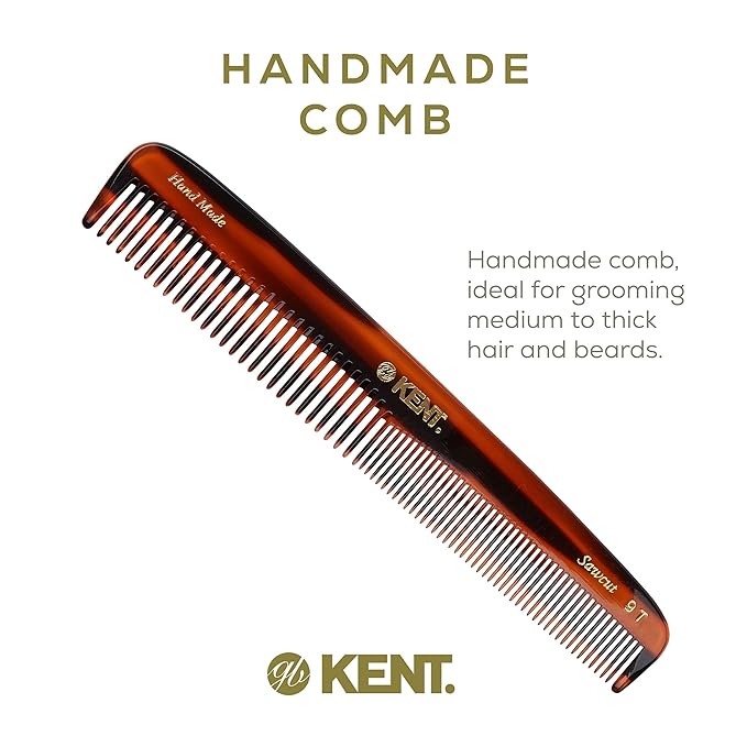 Kent 9T Tortoiseshell Fine and Wide Tooth Comb - Large Handmade and Saw-Cut Detangler for Wet Hair - Durable Grooming for Men and Women - Made in England