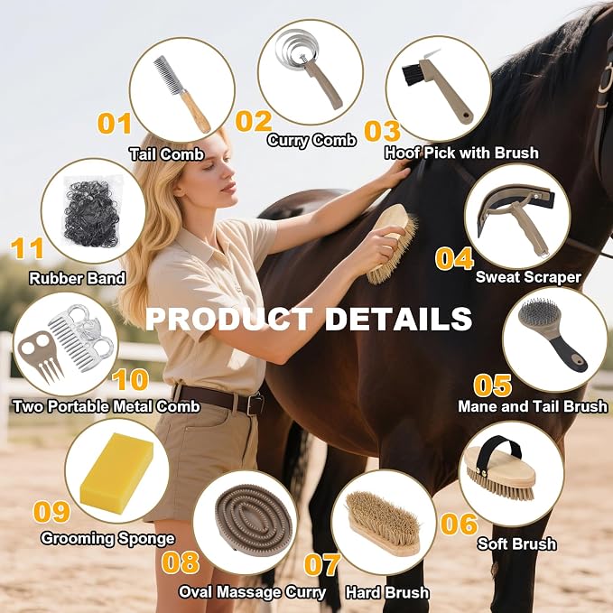 Uross Horse Grooming Kit 15PCS - Horse Brush Set with Organizer Tote Bag Care Cleaning Kit with Brush & Comb, Professional Equine Coat Care Gifts for Horseriders Beginner