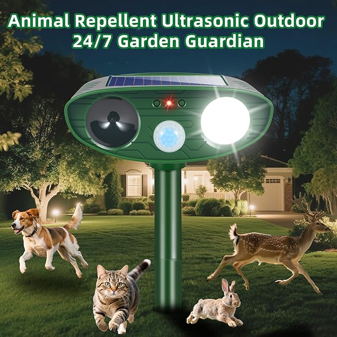 4 Pack Solar Ultrasonic Animal Repellent Animal Deterrent Devices Outdoor IP65 Waterpfoof with Motion Sensor & Strobe Light- Keep Deer,Cats,Squirrels,Dogs,Raccoons,Rabbits,Skunks Away from Garden Yard