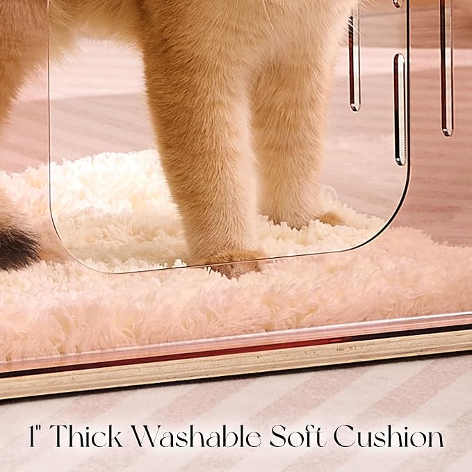 Acrylic Cat House for Indoor Cats, Transparent Cat Bed Cave with Plush Cushion & Hanging Toys, Modern Ventilated Cat Condo with Sturdy Wooden Base for Adult Cats & Kittens up to 12 lbs, Pink