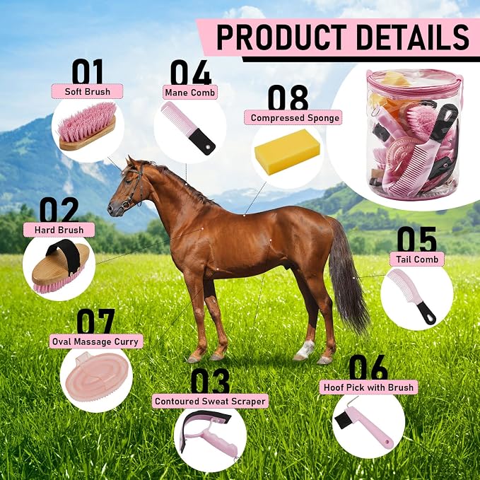 Cunhill 9 Pcs Horse Grooming Kit Tack Room Supplies Set with Tote Bag, Oval Massage Curry, Hard and Soft Brush, Hoof Pick, Sweat Scraper, Bathing Sponge, Comb for Horse Rider(Cute,Pink)