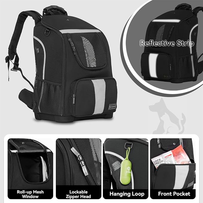 Petsfit Pet Dog Carrier Backpack with Upgraded Weight Reduction Design, Cat Dog Backpack with Large Ventilations, Easy-Fit for Traveling Hiking Camping for Small Medium Dogs and Cat, Black