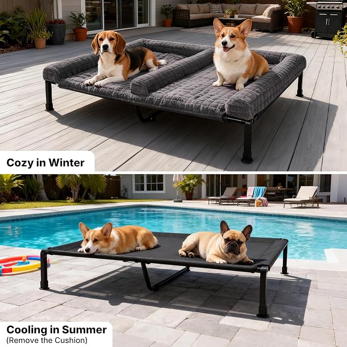 Veehoo Plush Double Dog Couch Bed for 2 Dogs, Washable Elevated Dog Bed | Cooling Raised Pet Cot with Removable Bolster Cushion, Breathable Mesh, No-Slip Feet, 53 x 37 inches, Grey