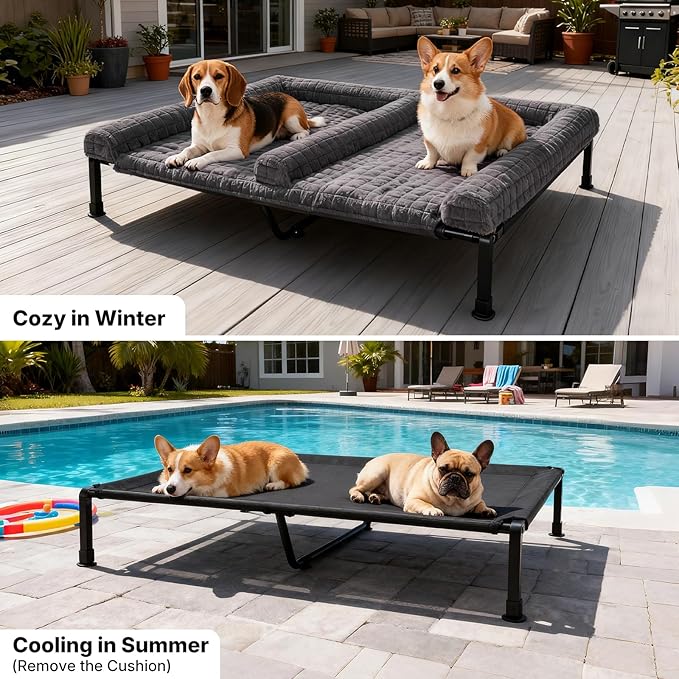 Veehoo Plush Double Dog Couch Bed for 2 Dogs, Washable Elevated Dog Bed | Cooling Raised Pet Cot with Removable Bolster Cushion, Breathable Mesh, No-Slip Feet, 48 x 37 inches, Grey