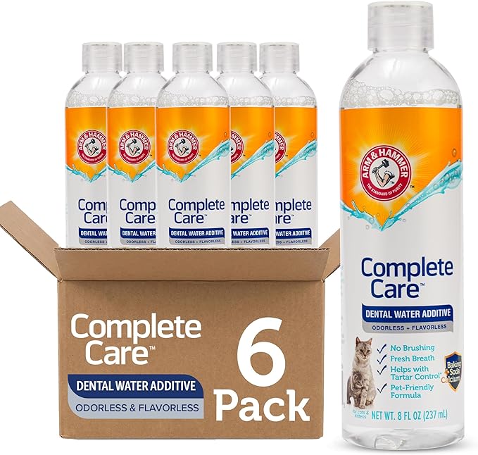 Arm & Hammer Complete Care Dental Water Additive for Cats, Cat Breath Freshener and Tartar Control, No Brushing Required, Odorless and Flavorless Cat Formula, 8 Fl Oz - 6 Pack