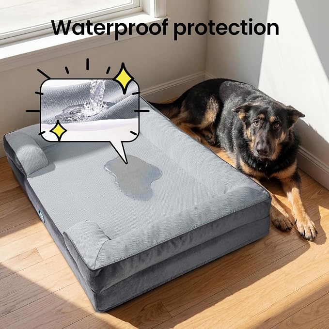OhGeni Orthopedic Cooling Dog Bed Couch, Memory Foam, 44-inch (Cool Gray) | Cooling Big Pet Sofa for Extra Large Sized Pets with Machine-Washable Waterproof Removable Cover & Soft Comfortable Fabric