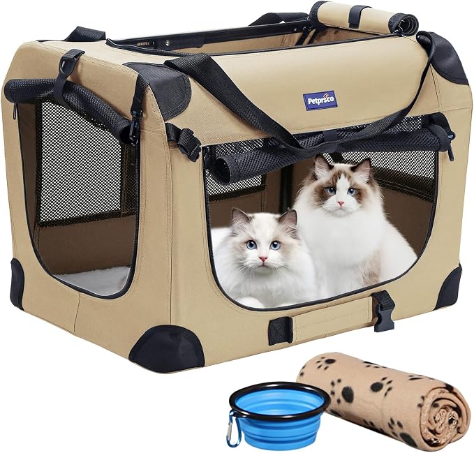 Petprsco Portable Collapsible Dog Crate, 24" Soft Dog Crate for Car Travel | Includes Mat, Blanket & Bowl, Strong Fabric, 4-sided Mesh Vents, 3 Doors, Fit Small Dogs & Large Cats Indoor and Outdoor Use